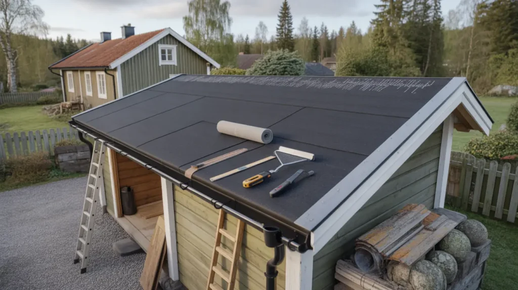 l ggning av nytt papptak p garage i skene kinna